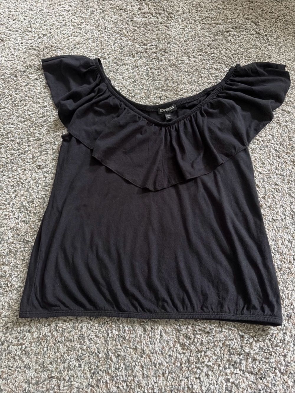 Express off the Shoulder Shirt. Ruffled. Black. Size small.